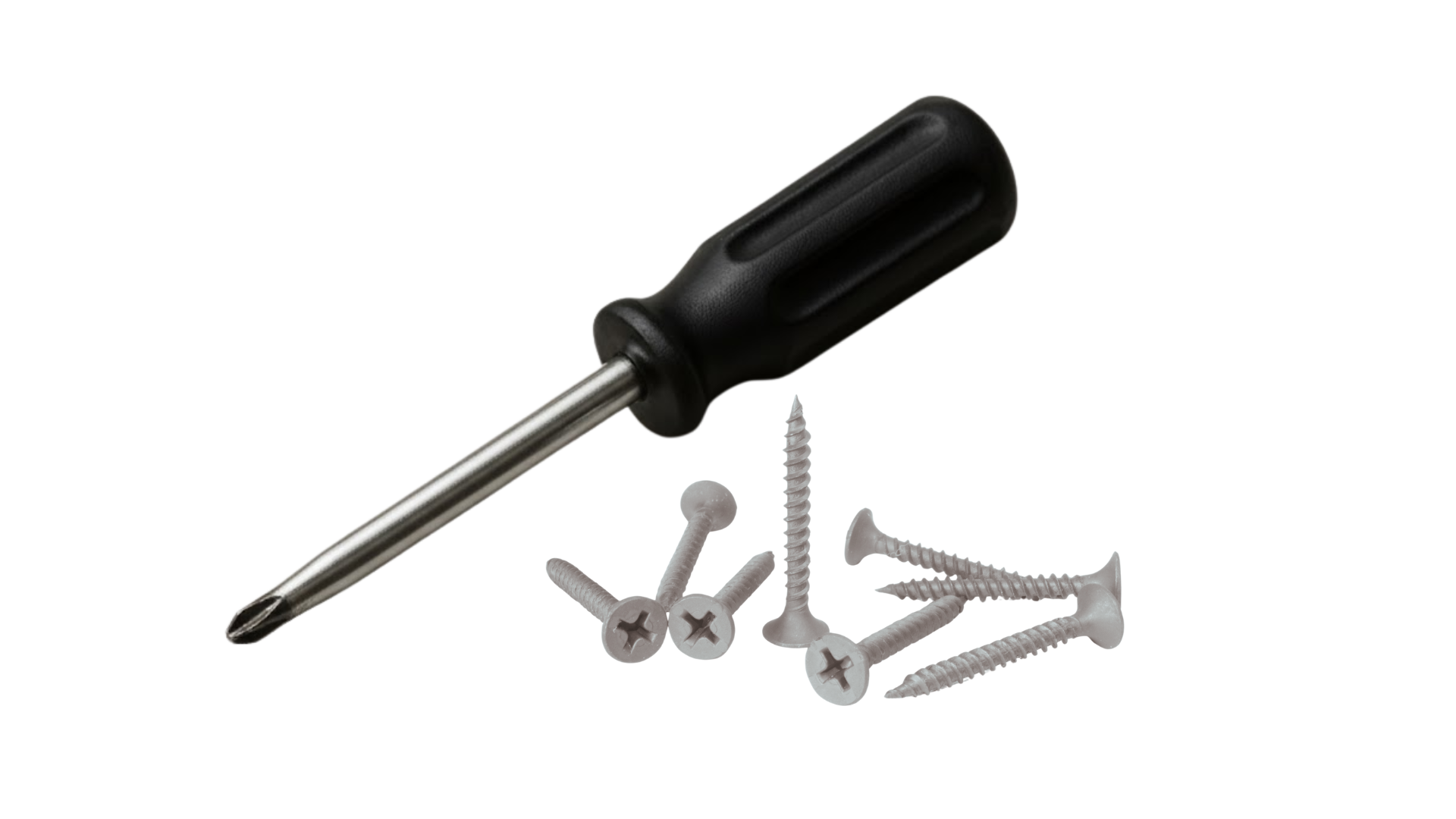 Black screwdriver with screws on a white background